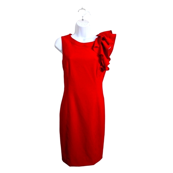 Calvin Klein Dresses & Skirts - Calvin Klein Woman Red Sheath Dress Knee Length Sleeveless Ruffle Formal 8P